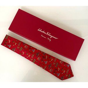 New in Box SALVATORE FERRAGAMO Jaguar Leopard Red TIE SILK